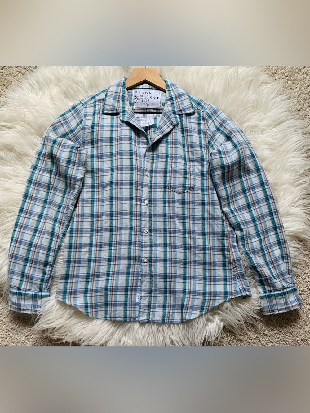Frank & Eileen Barry Flannel Button Up Shirt Plaid Green Blue Size XS